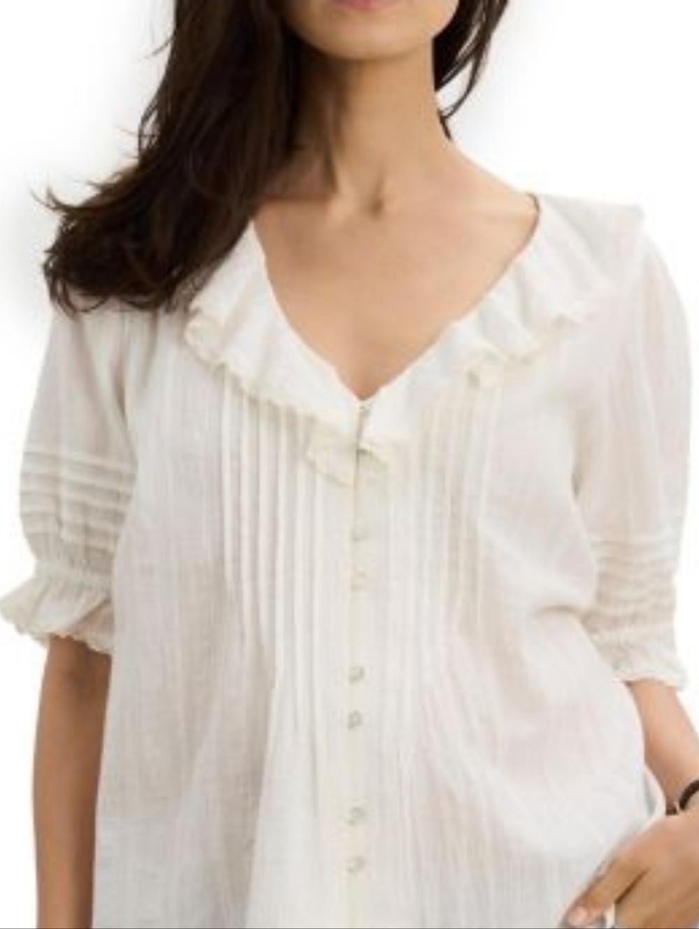 Laura Ashley Cream Ruffled V-Neck Button Front Blouse